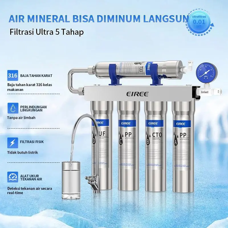 EIREE Filter Air Ultrafiltrasi 5 Tahap Dapur, Tanpa Listrik Tanpa Limbah, Anti Bakteri Bisa Diminum Langsung
