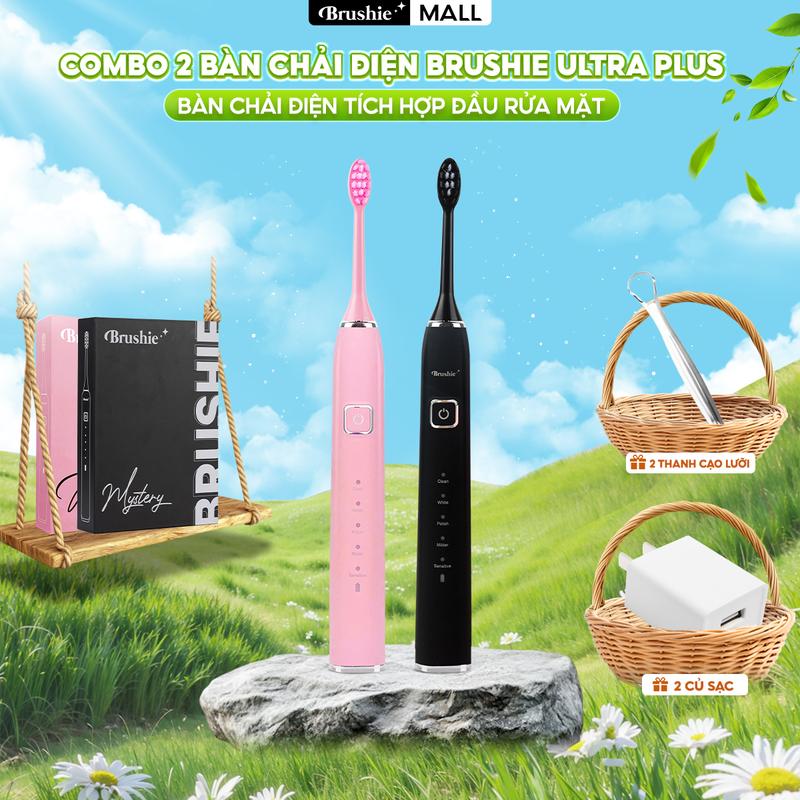 [SIÊU SALE] Combo 2 bàn chải điện Brushie Ultra Plus chính hãng tích hợp đầu rửa mặt hỗ trợ làm sạch hiệu quả và tiết kiệm chi phí  [ Bảo hành 1000 NGÀY ] - TẶNG 2 CỦ SẠC + 2 THANH CẠO LƯỠI