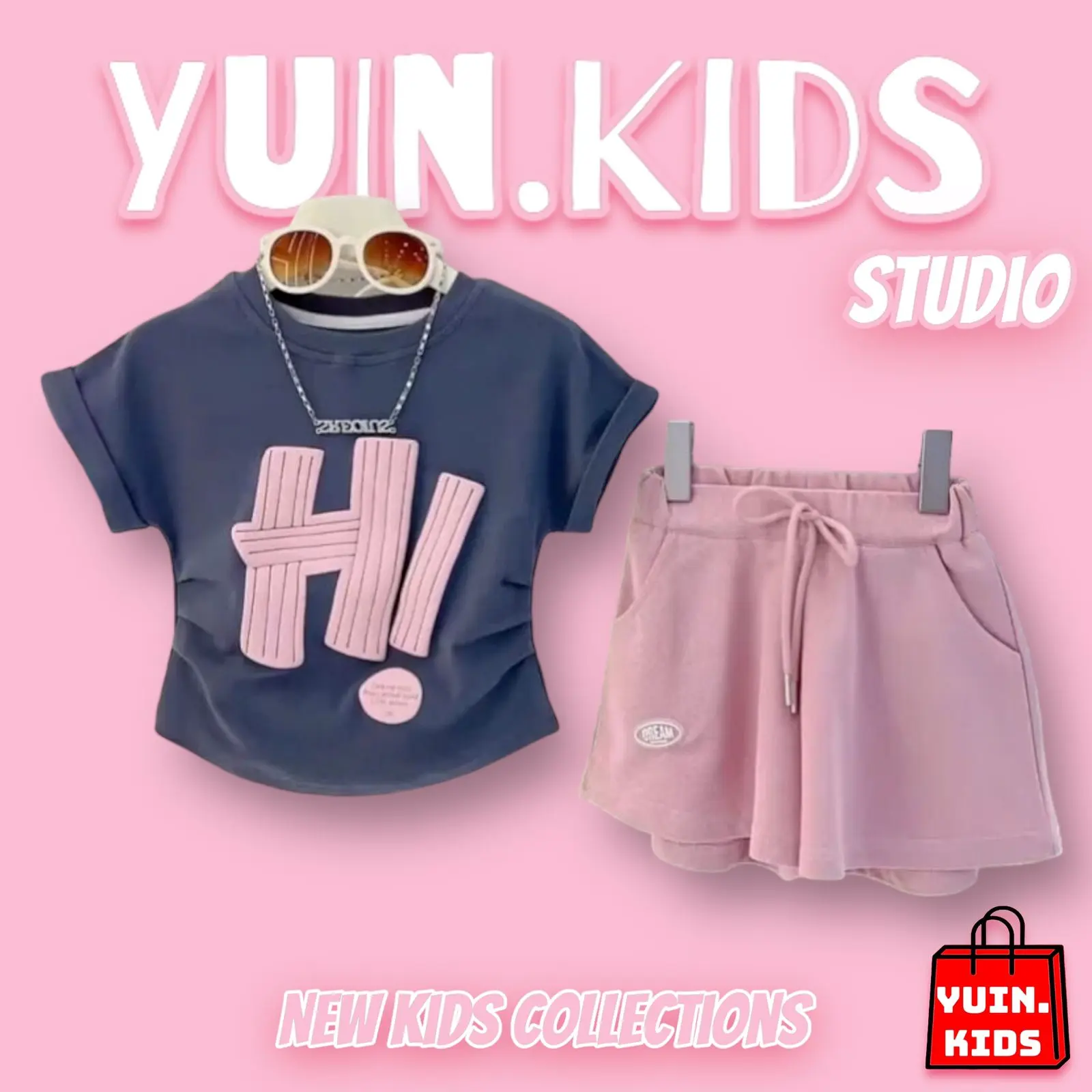 Setelan Anak Perempuan Lucu Motif Hi Usia 1-5 Tahun Set Baju Kaos Dan Celana Pendek Anak Kekinian
