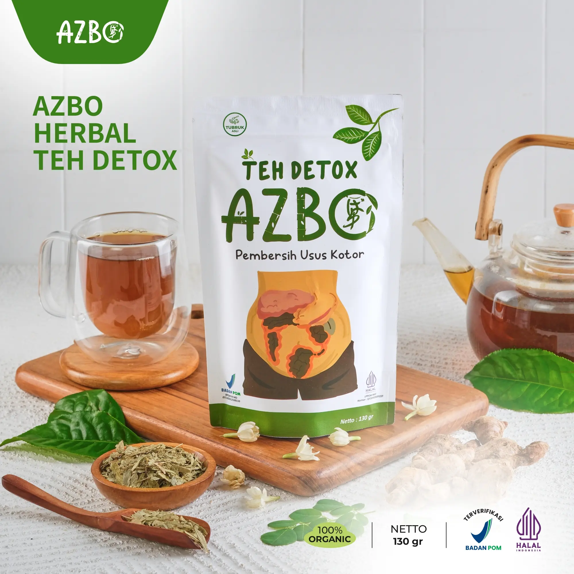AZBO Teh Detox 130 Gram - Minuman Herbal Alami untuk Detoksifikasi Tubuh & Colon Cleansing - Tanpa Pewarna Buatan & Pengawet - Halal & Thoyyib - Bahan Natural 100%