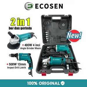[COD] ECOSEN 2IN1 Bor dan Gerinda Mesin Bor Listrik 500W 13mm Impact Drill & 400W 4 Inci Angle Grinder Paket Lengkap dalam Box