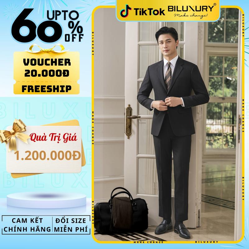 Quà tặng 1tr2 Bộ Vest Nam Cao Cấp Biluxury Bền màu chống nhăn 005 Trơn 510 Họa Tiết Menswear Bộ Suit Nam Đen Tím Than