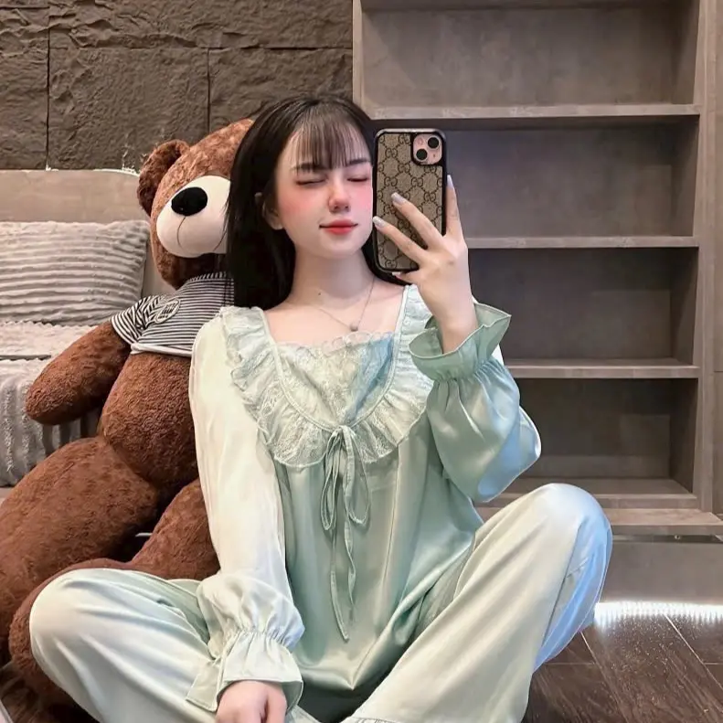 Bộ ngủ tiểu thư phối voan babydoll Tay dài - Quần dài cho nữ từ 40-60kg 1