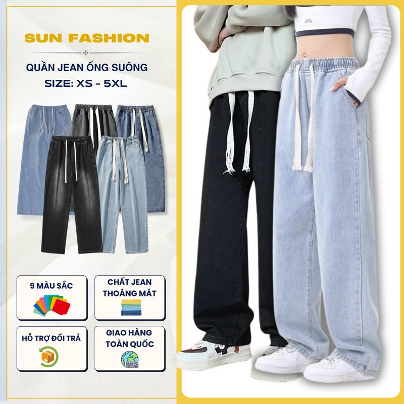 Quần jean ống rộng nam nữ cạp chun bigsize SUN 09 vải jean mềm mại thoải mái vận động Có Túi Menswear Ong Pants