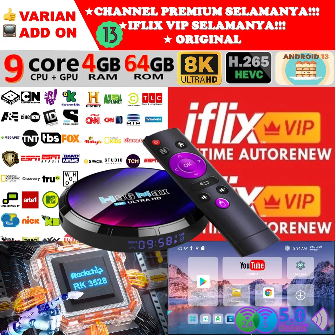 Smart TV Box Android 11 H96 Max Ram 4GB 32G STB Unlock Gratis Paket TV