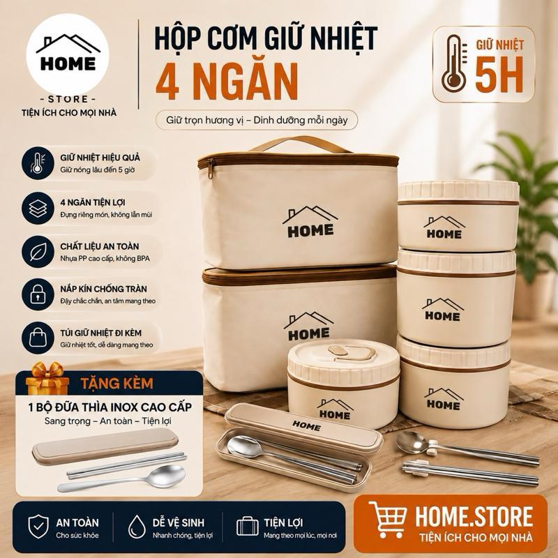 Hộp cơm giữ nhiệt LUNCH BOX, thiết kế 3 - 4 ngăn riêng biệt kèm ruột inox 304 (LIVE)