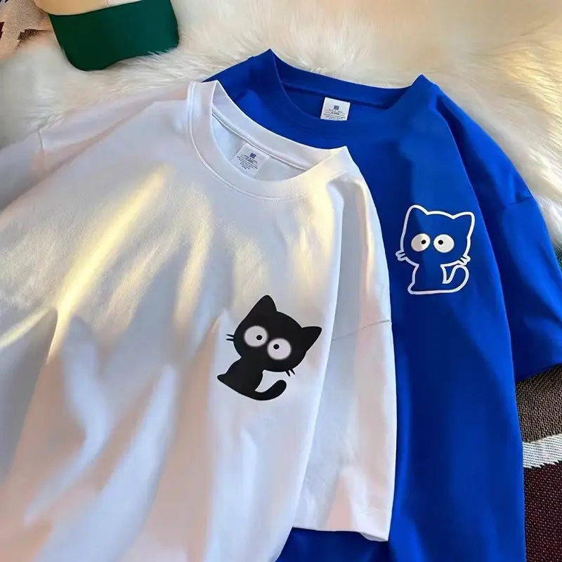 WAYFEEL original brand heavy cotton kitten print short-sleeved T-shirt for men and women loose INS half-sleeved T-shirt