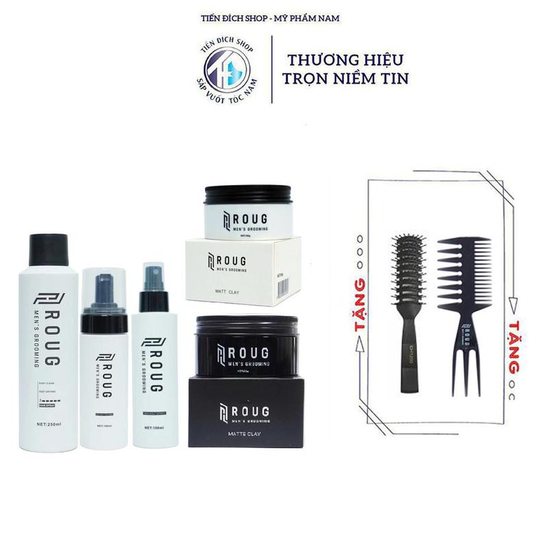  COMBO Sáp vuốt tóc Roug Men's Grooming Matt Clay 90gr màu trắng  Matte Clay 90gr màu đen  Gôm xịt tóc Hair Spray 250ml  Xịt tạo phồng Sea Salt Spray 150ml  Bọt tạo kiểu Mousse 150ml chính hãng + Tặng 2 Lược 