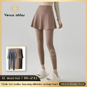 【Venus ishtar】Jakarta Ready Stock Celana Rok Olahraga 2 in 1 hitam Yoga Celana Sport Wanita Rok Panjang High Waist Jumbo Polos Gym Fitness Yoga Running Sport Yoga legging skirt Celana A Line Slim fitting Outdoor Pakaian elite legging fit black pants