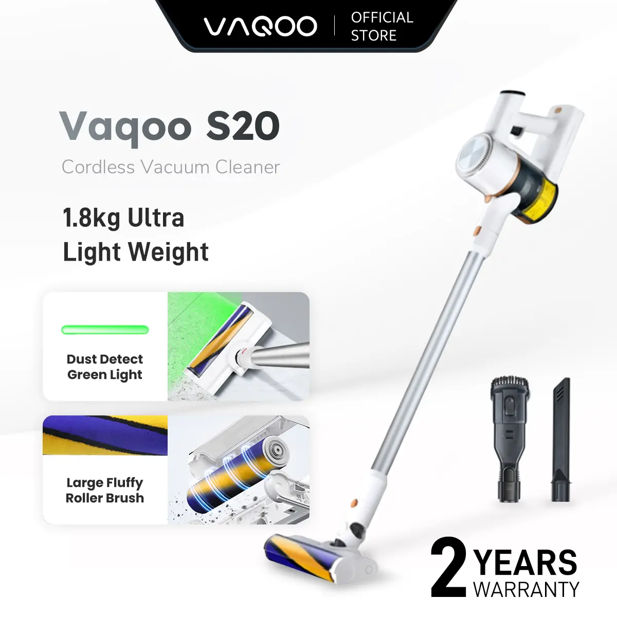 Vaqoo S20 Cordless Vacuum with Dust Detect Green Light 20,000Pa Suction Power