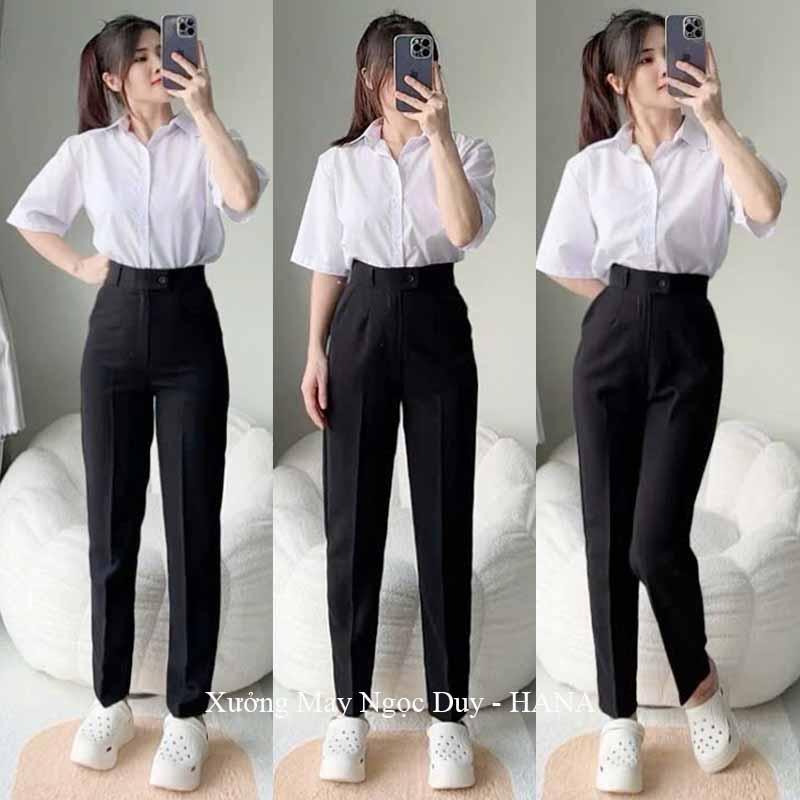 Quần Tây Đi Học Kiểu Mới Cúc Lệch ngang lưng cao màu Đen Xanh Đen nữ m50 m55 m60 dáng quần baggy vải nữ học sinh cấp 2 3 dày co giãn nhẹ đi học làm công sở