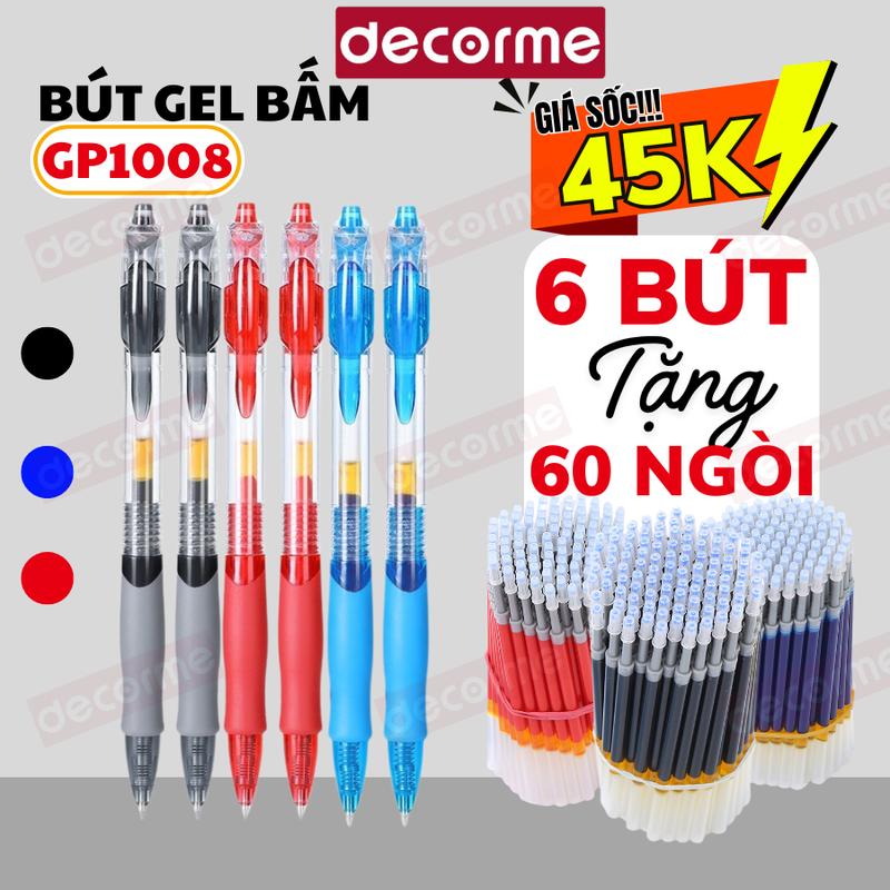 Set 6 Bút 60 Ngòi Bút Bi Béo GP1008 Decorme Bút Gel Mực Xanh Đen Đỏ Bút Gel Bấm Có Đệm Tay Mềm Viết Trơn Mượt Khô Nhanh Bút Viết Thích Hợp Cho Học Và Văn Phòng