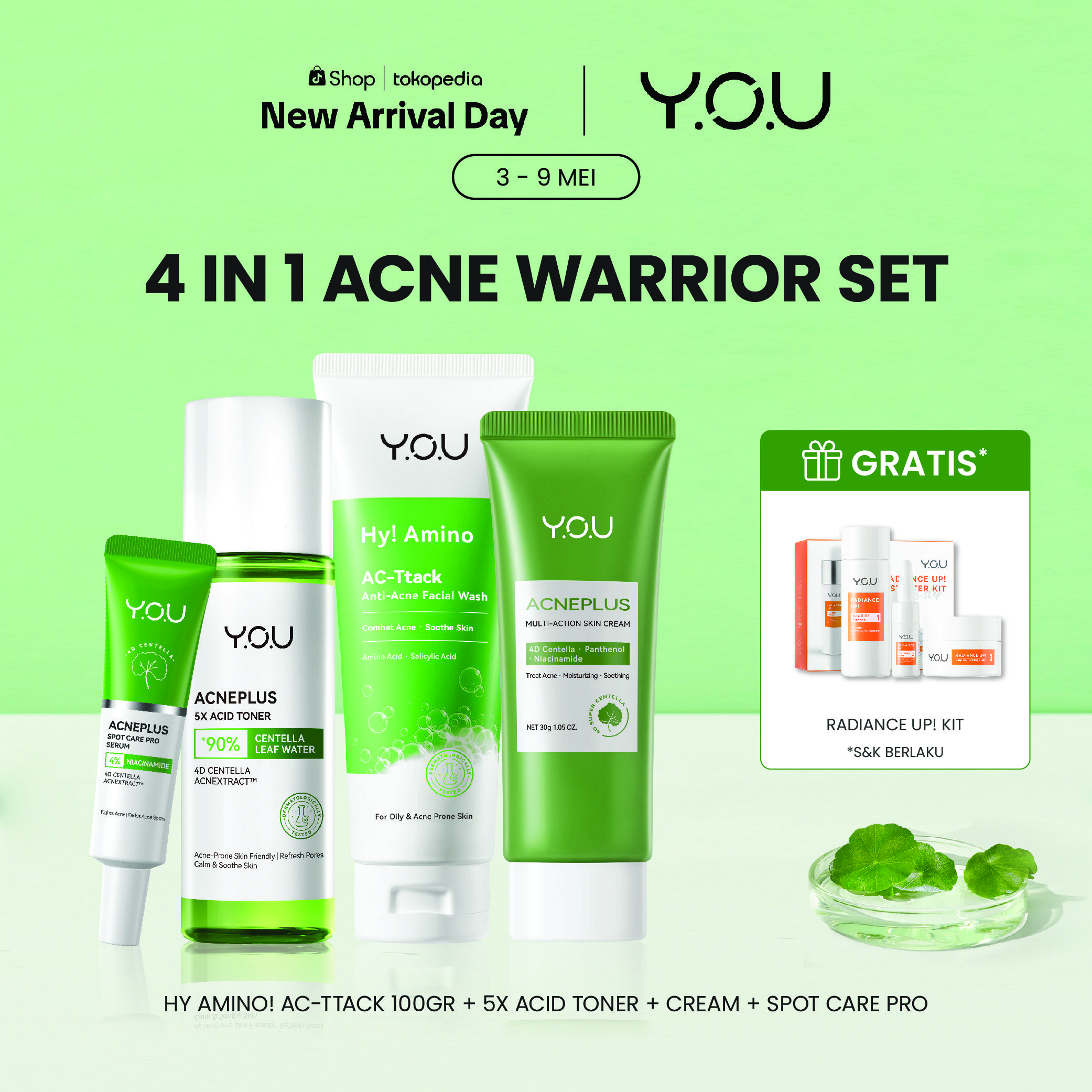 [FREE KIT] YOU Acne 4in1 Bundle Acne plus Essence, Spot Care, Skin Cream Moisturizer& Hy!Amino Facial Wash Skincare Perawatan Wajah Satu Set Obat Jerawat Sabun Cuci Muka Pelembab