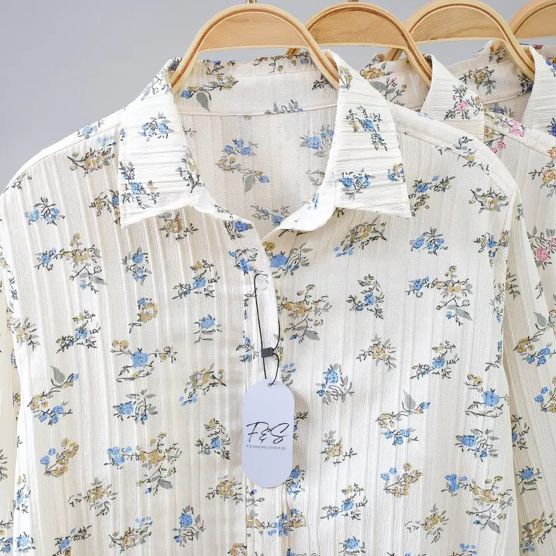 Atasan Fashion Korea Style Lengan Panjang Blus Wanita Musim Panas Casual Blouse Motif Bunga Bahan import 2