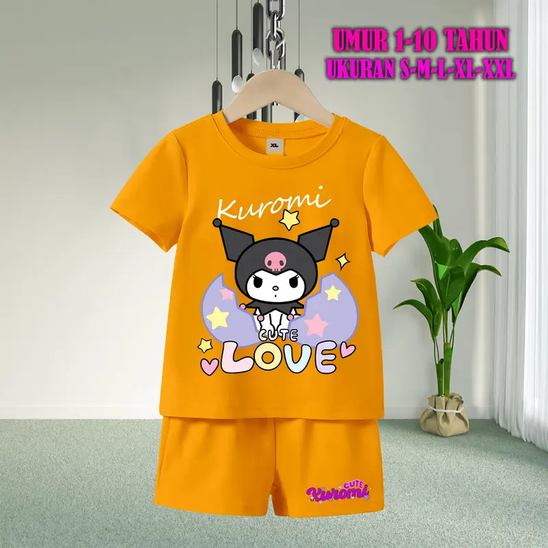 Setelan Baju Anak Tidur Gambar Kuromi Lengan Pendek dengan Sablon Berkualitas - Baju Anak Fashion Celana Pendek piyama  kuromi  anak baju  tidur  anak  perempuan 1