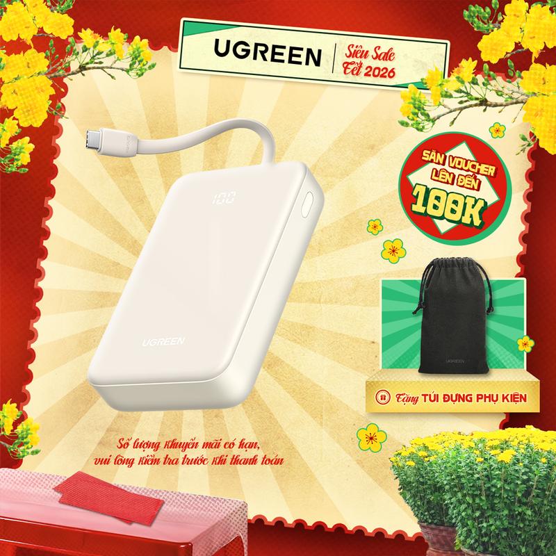 Pin sạc dự phòng 20000mAh Ugreen PB505 | Sạc nhanh 20W | Cáp USB-C tích hợp | Bảo hành 18 tháng 1 đổi 1 35340 KOL