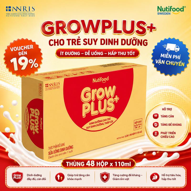 [Ít Đường - 110ml] Thùng 48 hộp Nutifood Growplus+ Suy Dinh Dưỡng - đỏ -  Ít đường 110ml