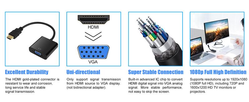 Product Introduction of HDMI to VGA, Gold-Plated HDMI to VGA Adapter (Male to Female) for Computer, Desktop, Laptop, PC, Monitor, Projector, HDTV, Chromebook, Raspberry Pi, Roku, Xbox and More - Black 1