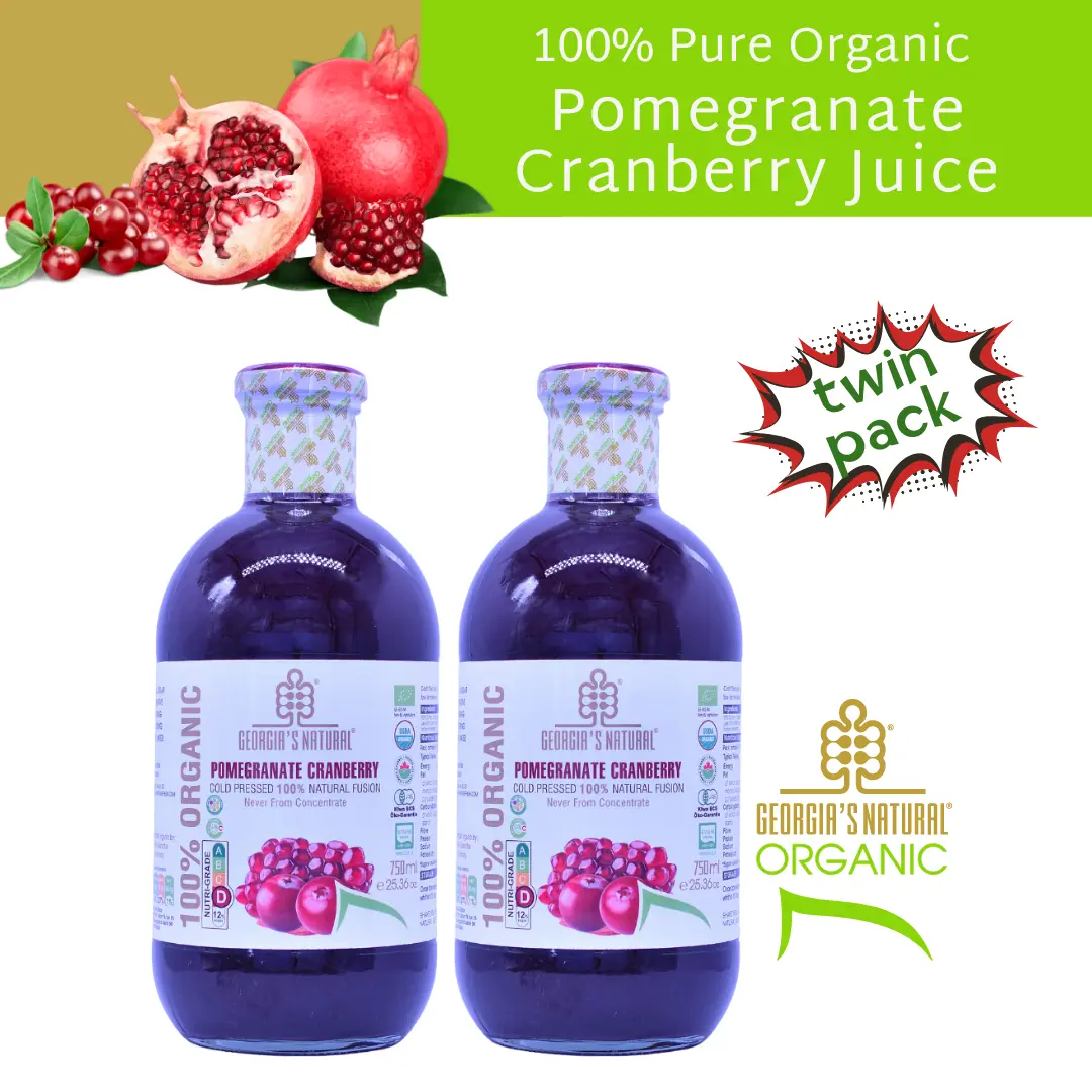 【Georgia's Natural】100% Pure Organic Pomegranate Cranberry Juice 750mLX2 [TWO Bottles] | 100% Pure Organic | NEVER From Concentrate | Premium Pure Fruit Juice