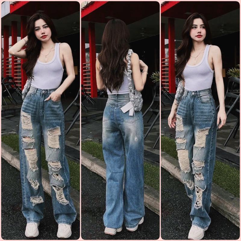 S-2XL dài 104 quần jean nữ lưng cao ống rộng suông rách tả tơi dài 104cm ,chất jean QC mềm không co dãn tông màu bụi ,wash retro style women pants quần jean bụi 5779.