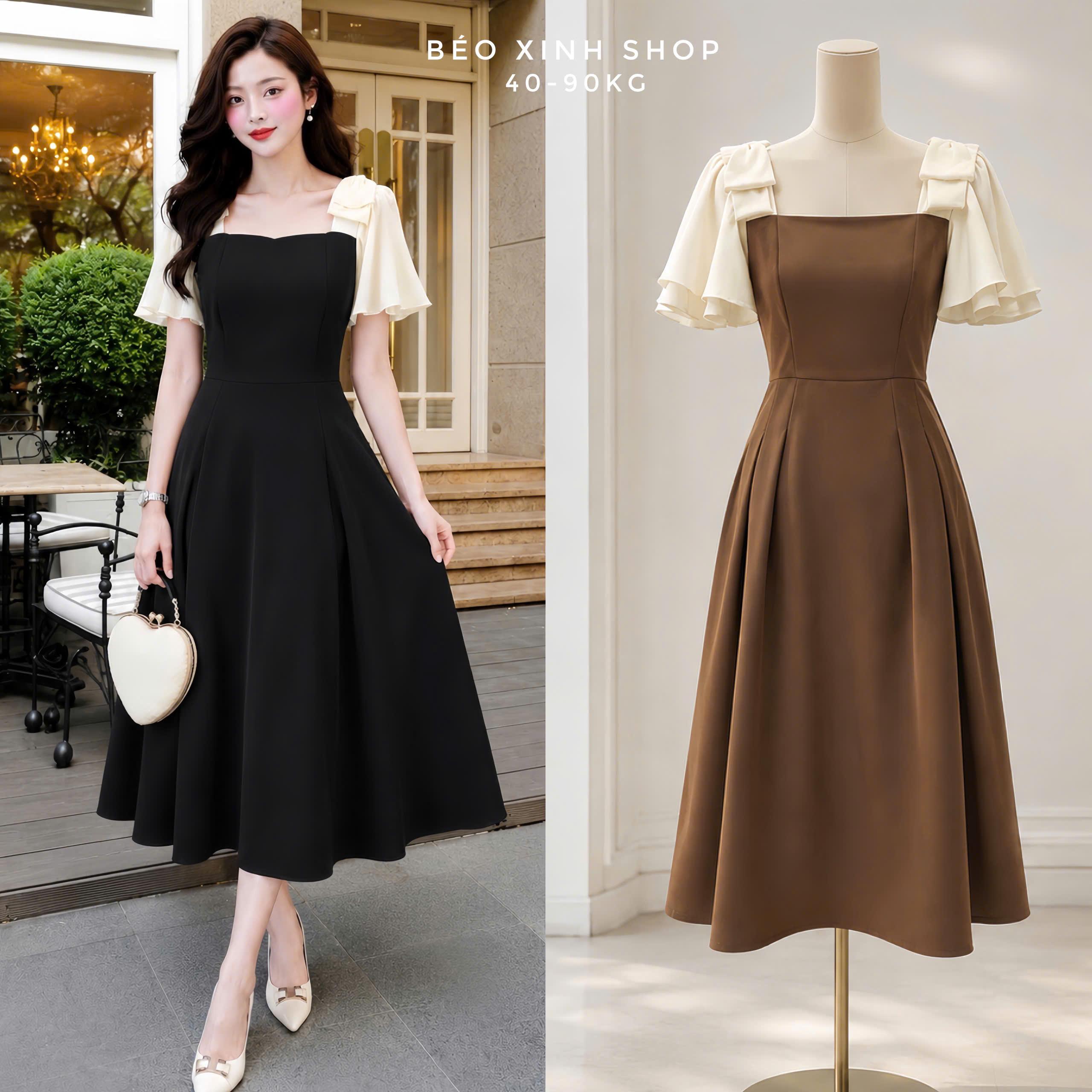 Váy Midi Nữ Bigsize Cổ Vuông Phối Tay Bèo – Form Xòe Sang Chảnh 40–90kg Béo Xinh Shop - B.1868