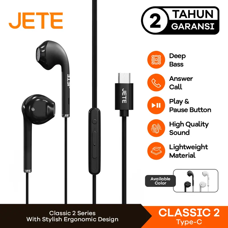 Headset Kabel Murah Extra Bass  Putih Earphone Type C JETE Classic 2 - Garansi 2 Tahun Silver Headphones 0