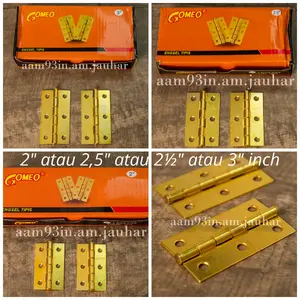 Engsel Gomeo Tipis Lemari Kicenset Kuning Gold Plate Tebal 1,1 mm Baja Brass 60 Gram 2" / 2½" atau / 3" inchi