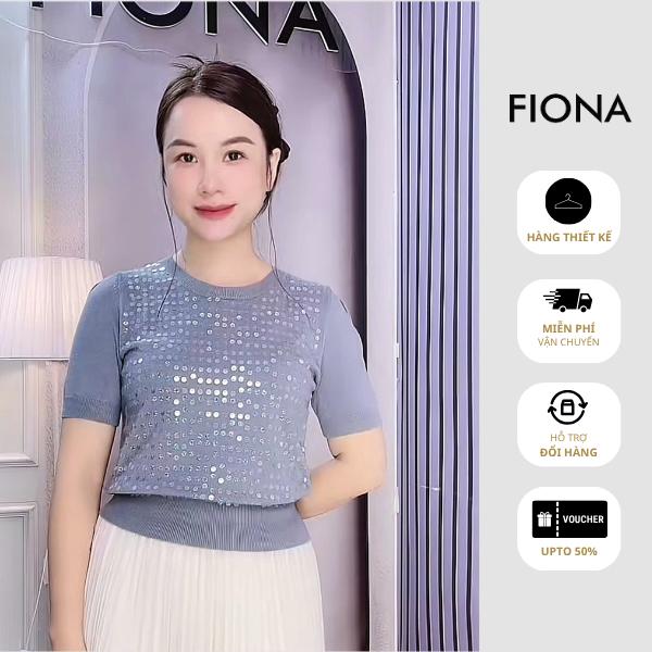 FIONA Áo len nữ chất Viscose cổ tròn dáng bo gấu đính kim sa tay ngắn C514528 Women Top