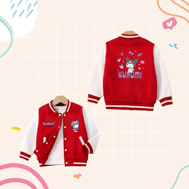 Fashion Jaket Anak Perempuan KUROMI dengan Desain Varsity dan Bahan Fleece Baseball untuk Usia 3-12 Tahun 3