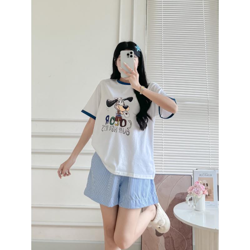 Bộ Mặc Nhà Áo Cotton 4C Quần Đùi Sọc Linen dày dăn cao cấp in hình xinh - NEONVN Đồ bộ nữ mặc nhà quần đùi mát mẻ