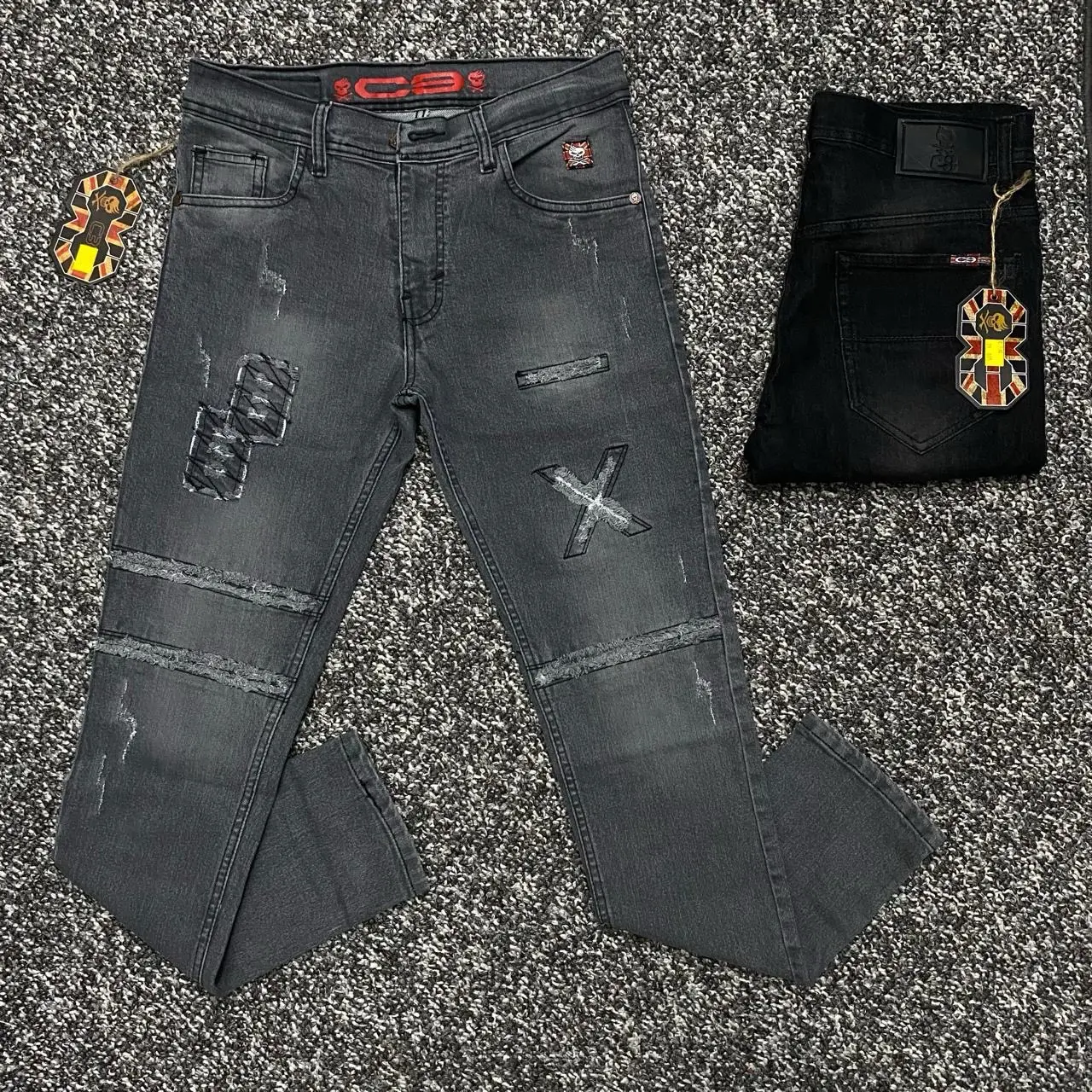 Celana Jeans Panjang JUMBO Pria Sobek X C3  Hitam Jez & Abu Slimfit 35-40 Stretch