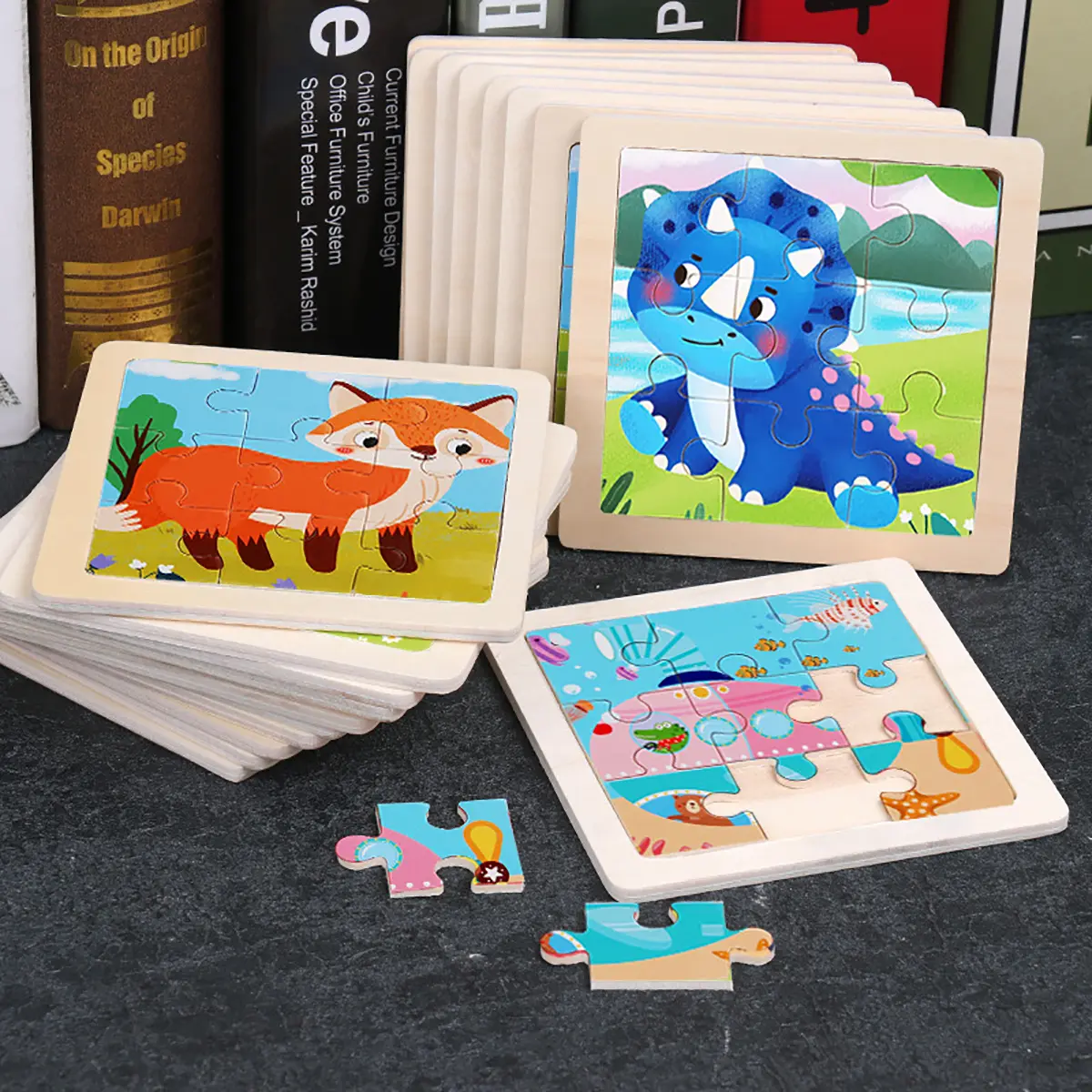 Wooden Jigsaw Puzzle Children 9-piece Cartoon Animal Model Flat Puzzle Cognitive Montessori Early Educational Toys for Kids Gift