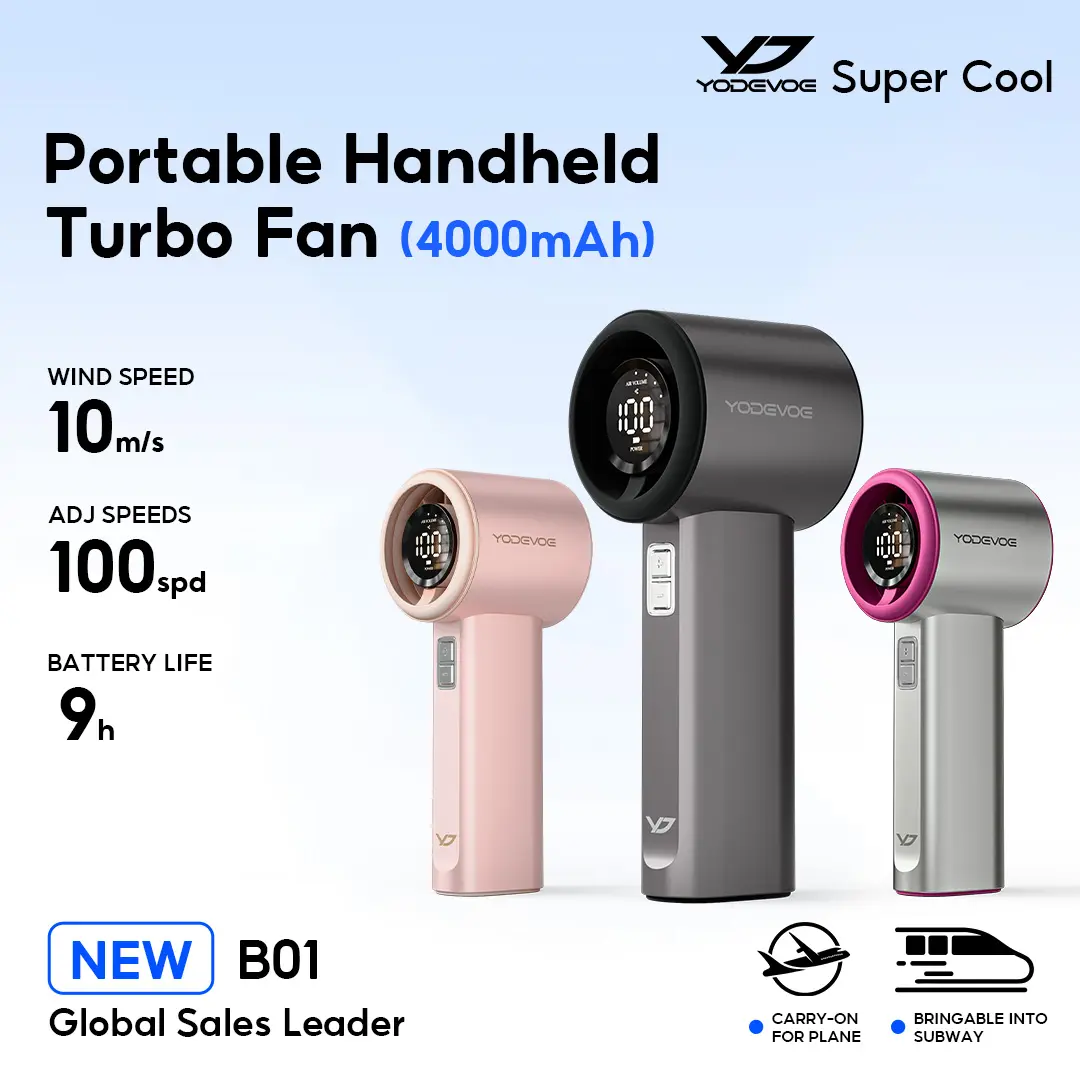 Yodevoe B01 High-speed Portable Handheld Fan 4000MAH Mini kipas Strong Wind 100 Gear Wind Speed kipas angin Digital Display Adjustable Turbo kipas tangan untuk olahraga luar ruangan dan pendinginan cepat