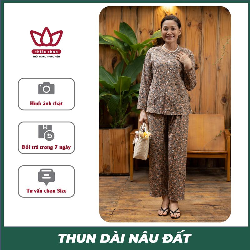 Đồ Bộ Trung Niên Nữ Dài Tay Nâu Đất Chất Vải THUN Cotton Cao Cấp Mặc Ở Nhà Thoải Mái Quà Tặng Mẹ Và Bà Women Quần Ngủ Top Áo