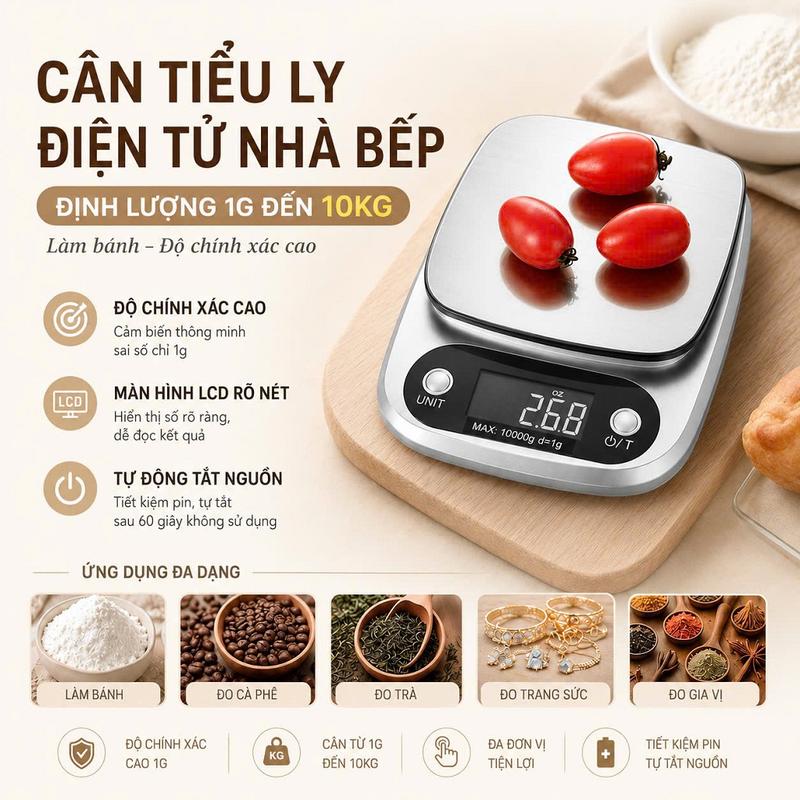 Cân Tiểu Ly Điện Tử Nhà Bếp Định Lượng 1g - 10kg Độ Chính Xác Cao Kèm 2 Viên Pin AAA
