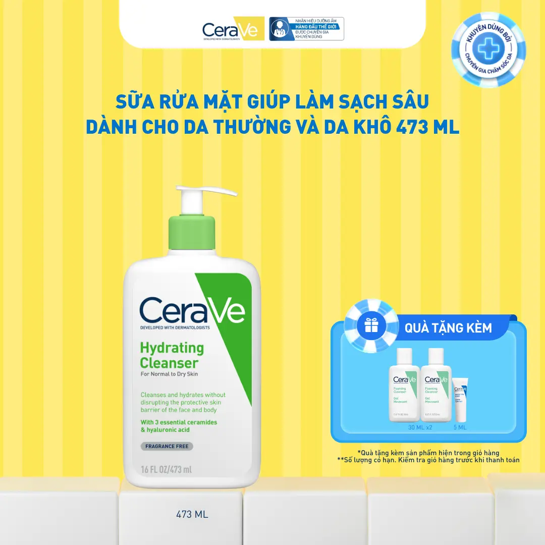 Sữa rửa mặt giúp làm sạch sâu dành cho da thường và da khô Cerave Hydrating Cleanser 473ML, dạng gel không tạo bọt làm sạch sâu dịu nhẹ và cung cấp độ ẩm cho da. Chăm sóc da_Sữa rửa mặt_Skincare cho Nam và Nữ_Cleansing