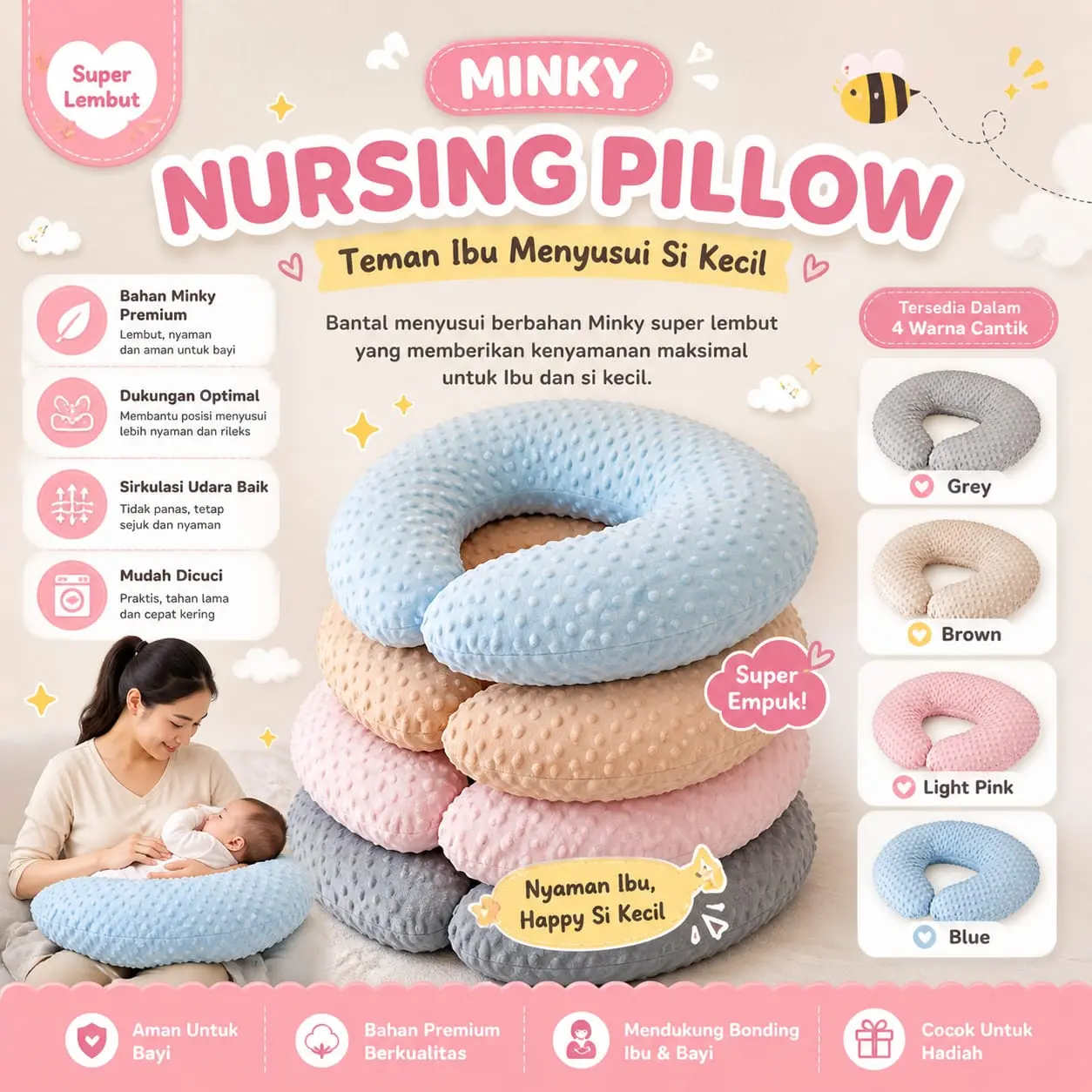 SUNMARU Nursing Pillow Minky / Bantal menyusui / Bansui / Bantal Bayi Karakter / Sofa Bayi