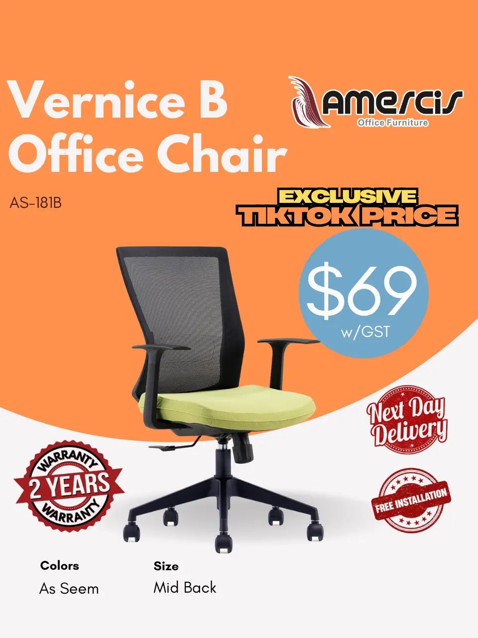 Amercis Office Chair - Vernice B Series - Mesh Backing with thick cushion seat pan