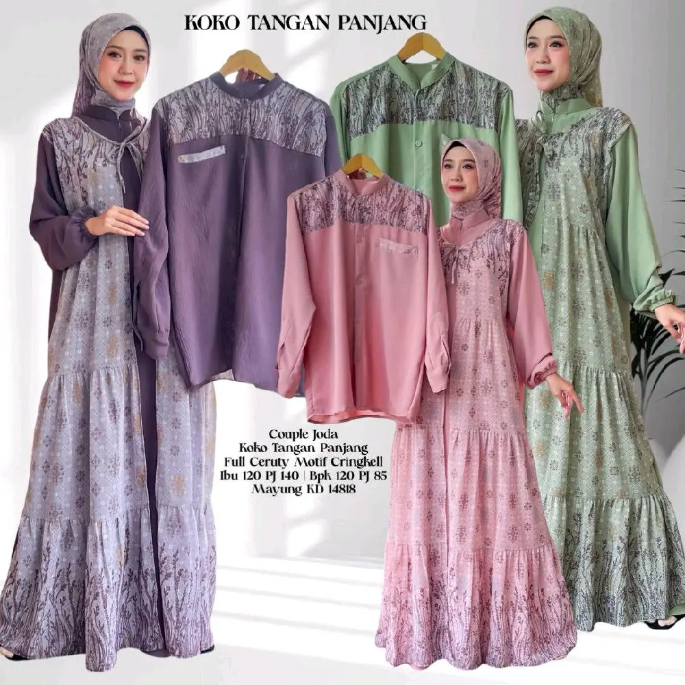 Baju Lebaran Couple Sarimbit - Setengah Gamis Set Hijab dan Baju Koko Lengan Panjang Couple Indira