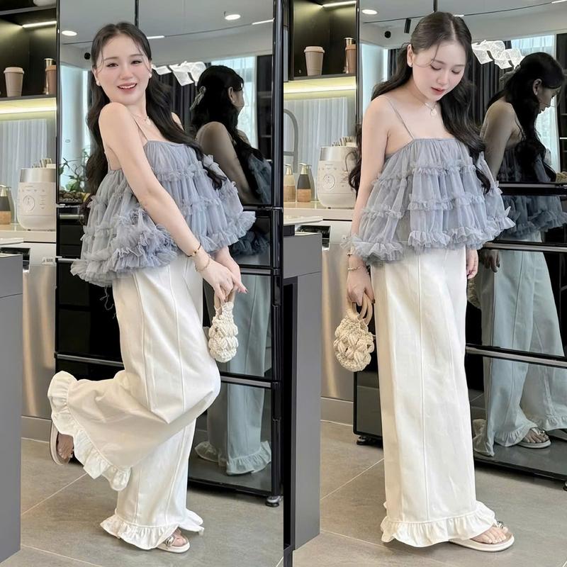  Set bộ nữ áo lưới 2 dây cổ vuông from rộng phối bèo mix quần dài ống rộng xinh xắn sang chảnh dành cho nàng di chơi,di tiệc. 