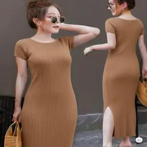 Dress  Wanita Casual Bodycon Lengan Pendek Knit Mango  Belah Samping