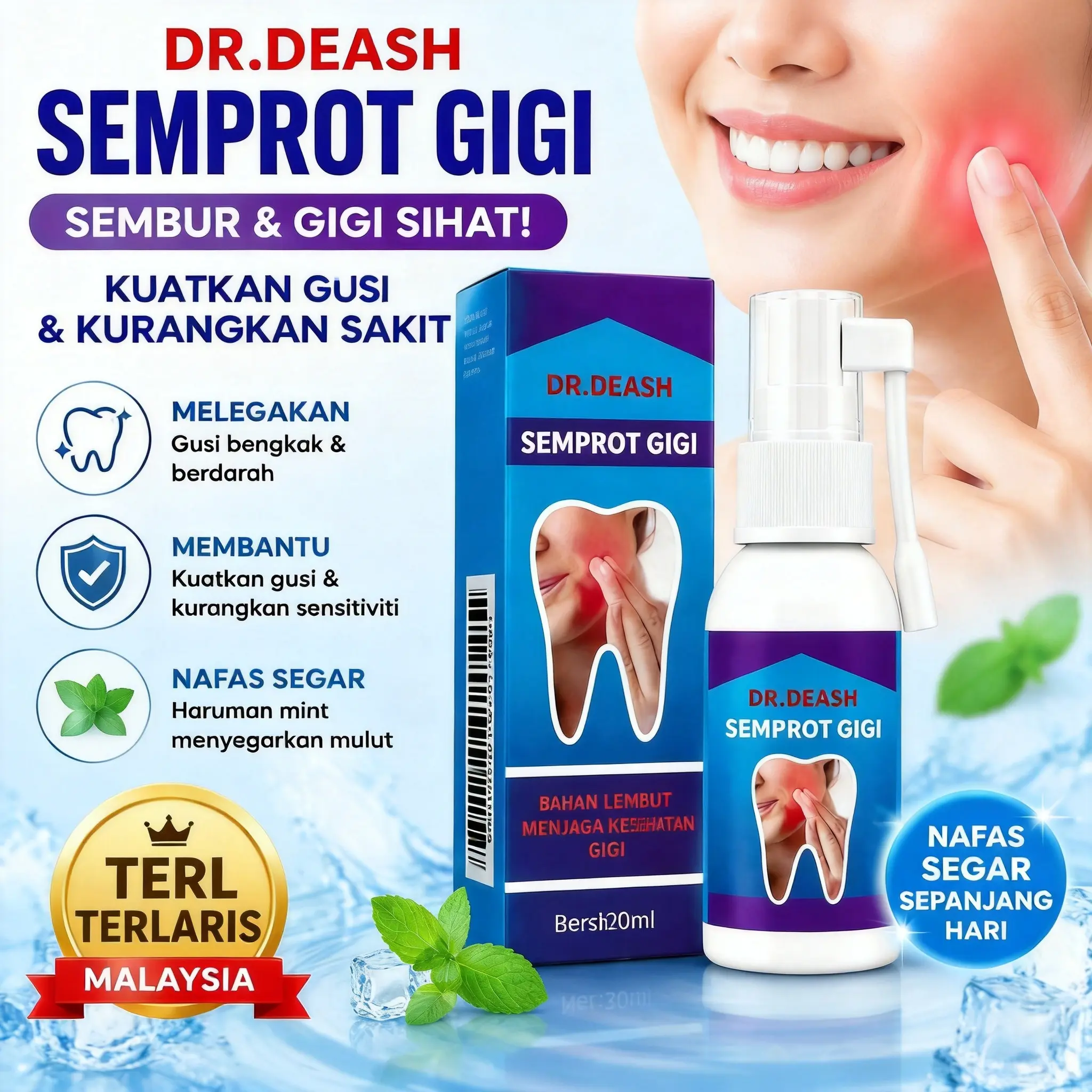 Semprotan perawatan mulut DR.DEASH, lembut di gigi, meredakan ketidaknyamanan gigi dan memberikan perawatan mulut yang ringan.