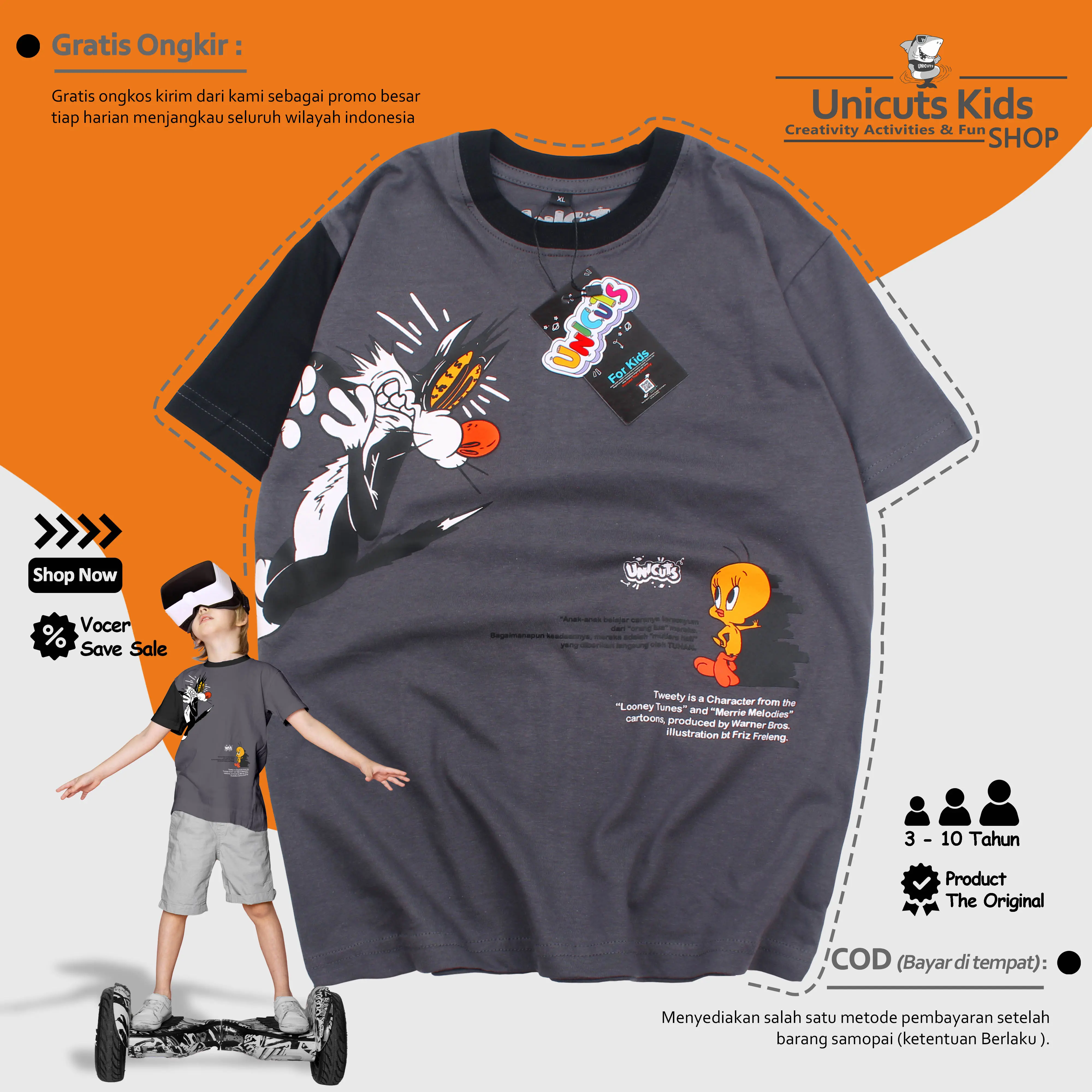 Kaos Anak Tweety / Kaos Anak Laki Laki Dan Perempuan Abu Tua Unicuts  3 Sampai 10 Tahun Pakaian Anak Katun / Pakaian Anak Abu Tua Kombinasi Hitam Fashion