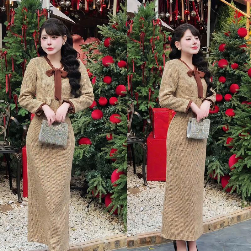 Set dạ hàn A66  áo và chân váy  áo dạ cổ nơ phối chân váy dài 