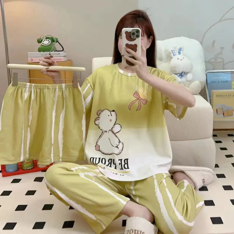 Set Piyama 3 in 1 Wanita Dewasa - Baju Tidur Lengan Pendek + 2 Pcs Celana Tidur Panjang Pendek Fit 4
