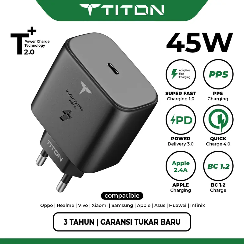 TITON Gen2 45W Kepala Charger Type C PD QC PPS Super Fast Charging Adaptor USB-C Default