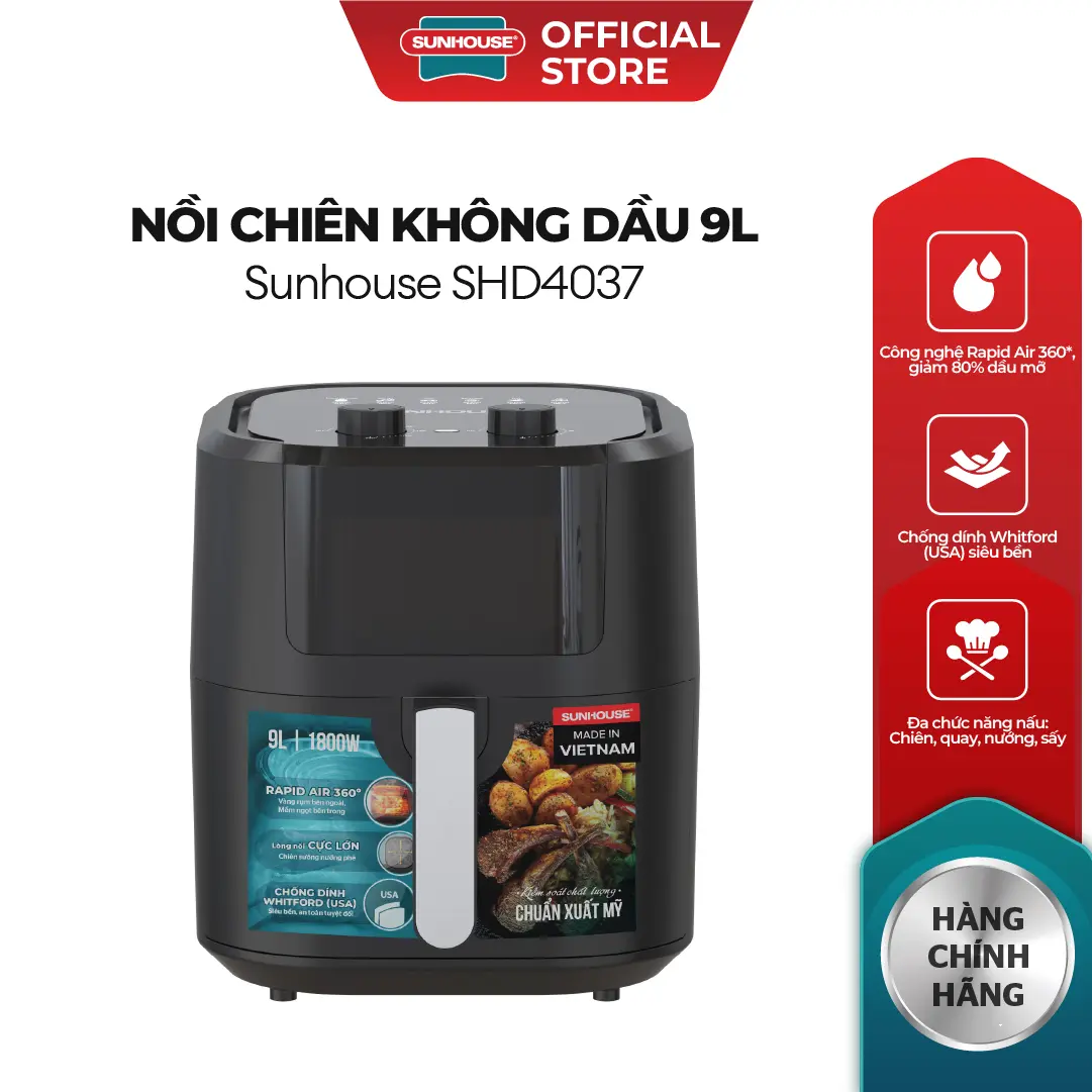 Nồi chiên không dầu 9L Sunhouse SHD4037 - Công nghệ Rapid Air 360 độ - Chống dính Whitford siêu bền - Đa chức năng nấu
