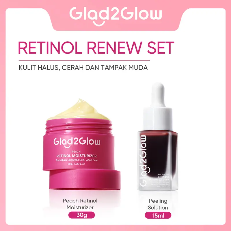 Glad2Glow Day&Night Renew Bundle 4in1 - 4 PCS Barrier Skincare Paket-Brightening Moisturizer+Retinol Moisturizer+Brightening serum + Peeling solution Ceramide Kering Membersihkan Wajah Acid Cooling Kotoran Mencerahkan Vitamin 1