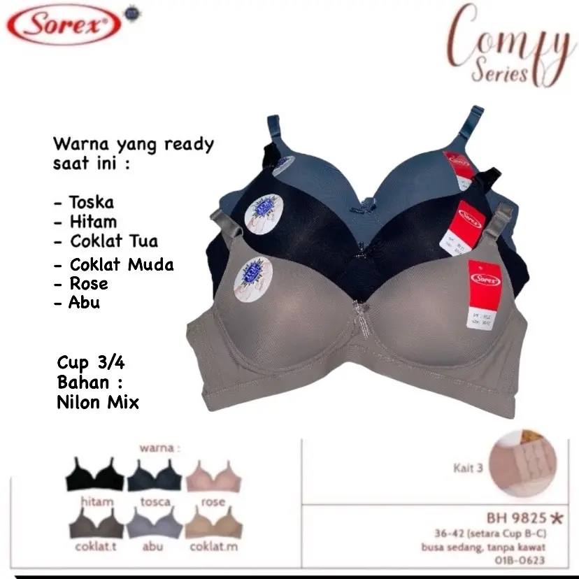 PROMO 1-3 PCS BH SOREX 9825 | 36-42 | CUP B-C BUSA TANPA KAWAT KANCING 3 Lembut Nyaman