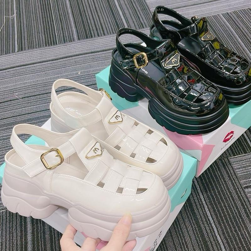 Giày Sandan Dọ hở Gót Đế Bánh Mỳ 7cm Da Bóng Mềm Êm Nhẹ Dễ Đi Size 35-39 Hàng Nội Địa Trung